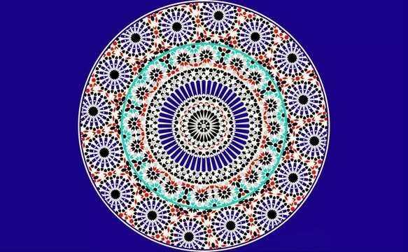 Moving hypnotic Arabic pattern mosaic video illustration, on a marine background. Seamless spiral and slow rotation. Red, blue and turquoise colors. Video animation vector 4K  