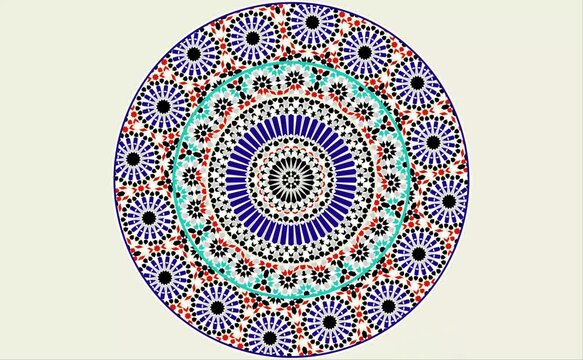 Moving hypnotic Arabic pattern mosaic video illustration, on a beige background. Seamless spiral and slow rotation. Red, blue and turquoise colors. Video animation vector 4K  