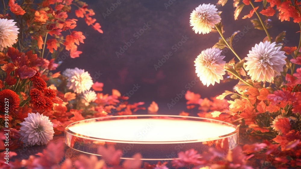 Aufkleber the scene showcases a softly lit pedestal surrounded by a rich array of blooming flowers in various 