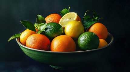   Green bowl of oranges and limes on blue table