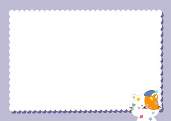 little cartoon of white cat with colorful star glitter sprinkle on top and blue birthday hat, purple frame , illustration birthday card template.