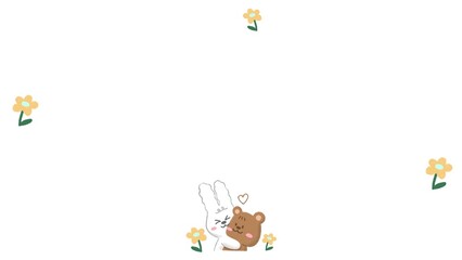a cute couple of teddy bear and rabbit in tiny flower garden , illustration paper template, greeting card border