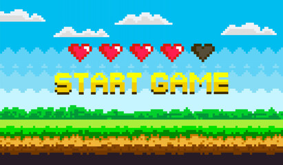 Pixel art style with five pixelated hearts and yellow text reading Start Game against a landscape. Ideal for video games retro themes nostalgic displays pixel art presentations and classic gaming