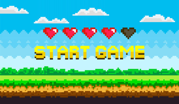 Pixel art style with five pixelated hearts and yellow text reading Start Game against a landscape. Ideal for video games retro themes nostalgic displays pixel art presentations and classic gaming