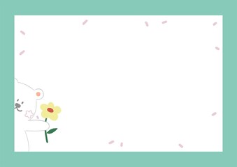 a smiley white teddy bear with yellow flower and pink glitter sprinkle on green frame border, illustration card for children work project and card decoration template background ,A4 size background.