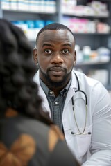 Fototapeta premium Healthcare professional discussing medication with a patient and explaining her prescription in a pharmaceutical setting