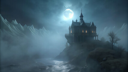 Fototapeta premium Moonlit Enchantment: The Mysterious Allure of the Foggy Mansion. halloween theme