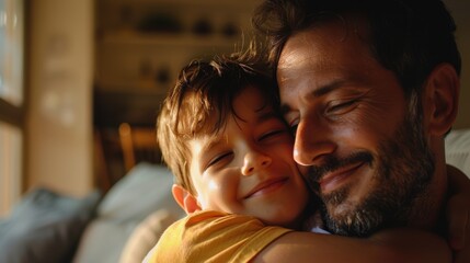 Close-up of a father and son at home, showcasing their bond, trust, and care in a joyful relationship within their living space