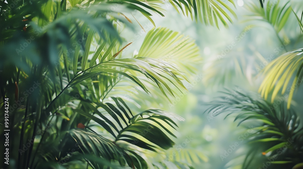 Sticker Lush green foliage illuminated by soft light in a tranquil tropical setting during early morning hours