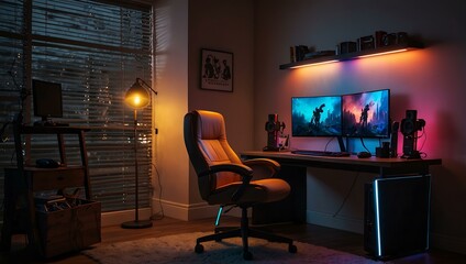 Modern gaming setup with a desk, chair, and colorful lights.