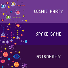 Colorful retro pixel art showcases vibrant space creatures, rocket ships, galaxies, and planets. Ideal for sci-fi themes, video games, space exploration, cosmic party decorations, and astronomy