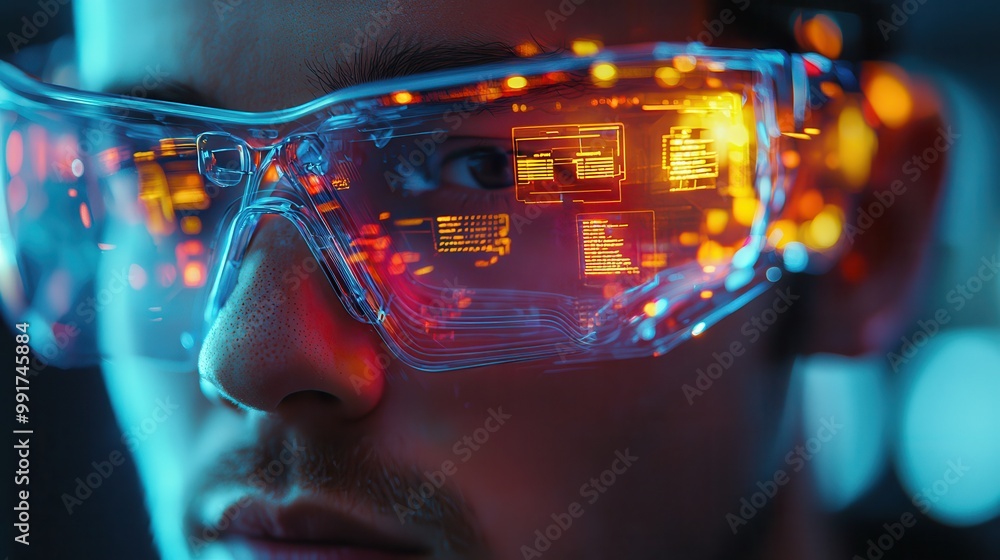Poster close-up portrait of a man wearing augmented reality glasses with digital interface and futuristic d
