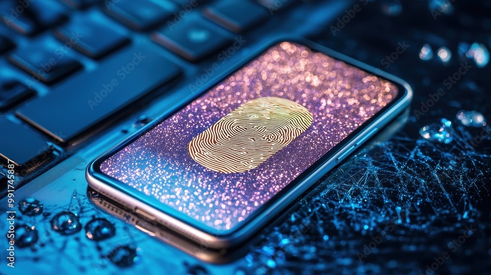 Poster A smartphone with a colorful fingerprint sensor displays vibrant patterns, set against a tech-themed background with a keyboard.