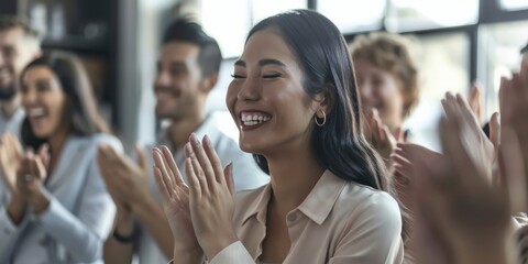 Celebration of success with applause for a female entrepreneur, highlighting achievements, support, and corporate milestones