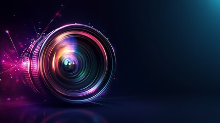 A close-up of a camera lens with glowing light streaks in the background.