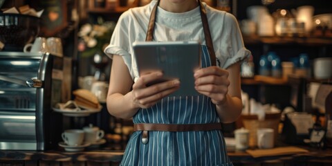 Hands using a tablet for a small business, social media update or sale promotion. Closeup of a waiter scrolling or reading an app for coffee shop orders and reviews