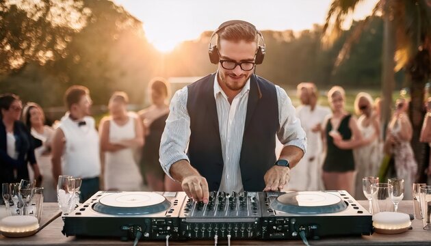  A DJ mixes songs at an outdoor wedding reception while guests dance and celebrate.