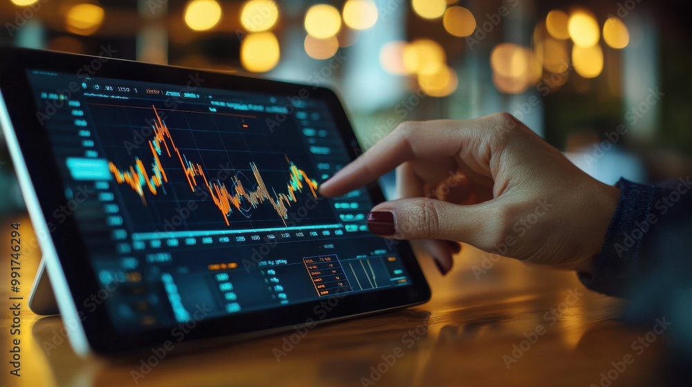 Poster close-up of a person analyzing stock market data on a tablet with a detailed graph and chart in a mo