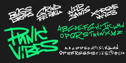 Fototapeten Graffiti Youthful font with skater quotes. marker graffiti style letters and punctuation marks. Vintage ABC collection. Black and white alphabet Typography vector illustration.  © LanaSham