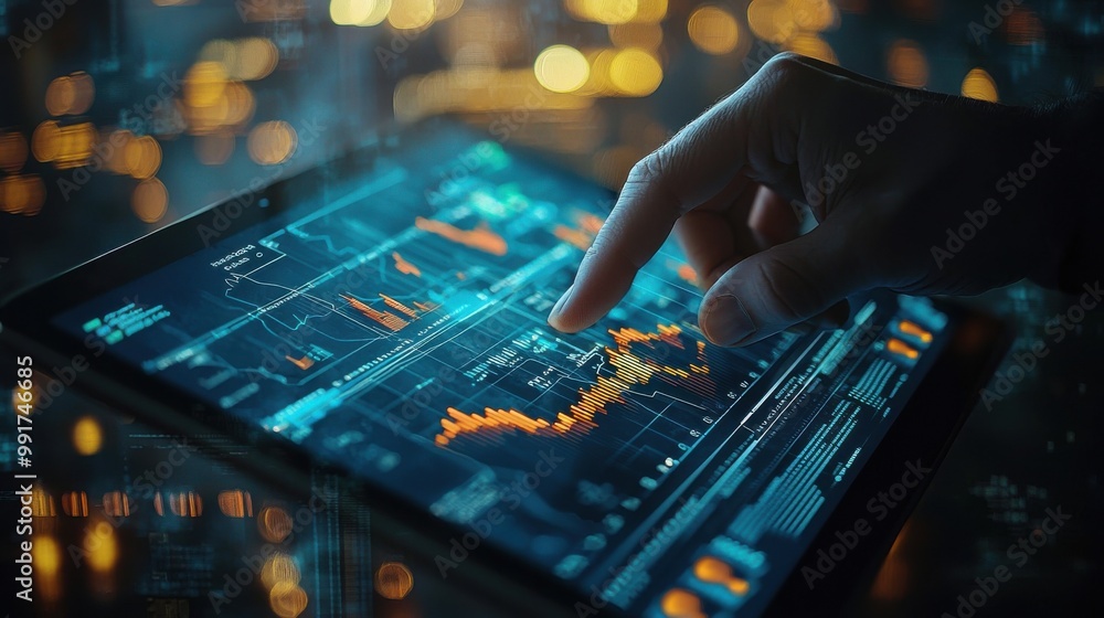 Aufkleber close-up of a person analyzing stock market data on a digital tablet with financial graphs and chart