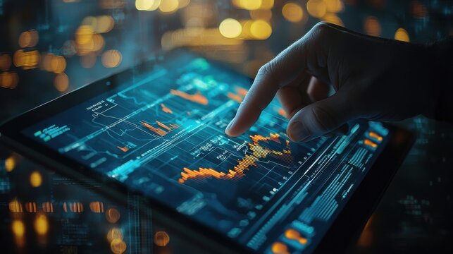 Close-up of a person analyzing stock market data on a digital tablet with financial graphs and charts under warm lighting