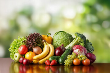 Fresh assortment of organic fruits and vegetables arranged on a wooden table, showcasing a variety of colors, shapes, and sizes against a blurred greenery background.