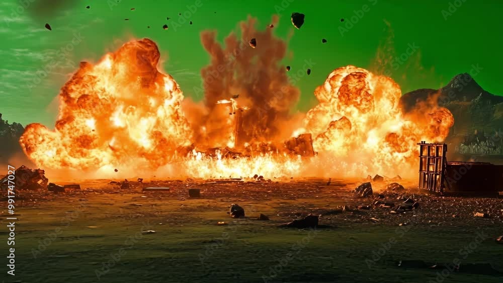 Poster multiple explosions are occurring on a movie set with a green screen for special effects to be added