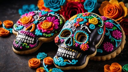 Calavera Catrina styled cookies with sugar skulls traditionally made for the Day of the Dead festival