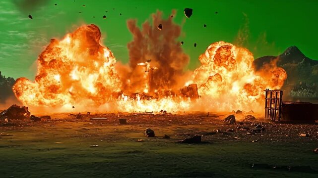 Multiple explosions are occurring on a movie set with a green screen for special effects to be added in post production
