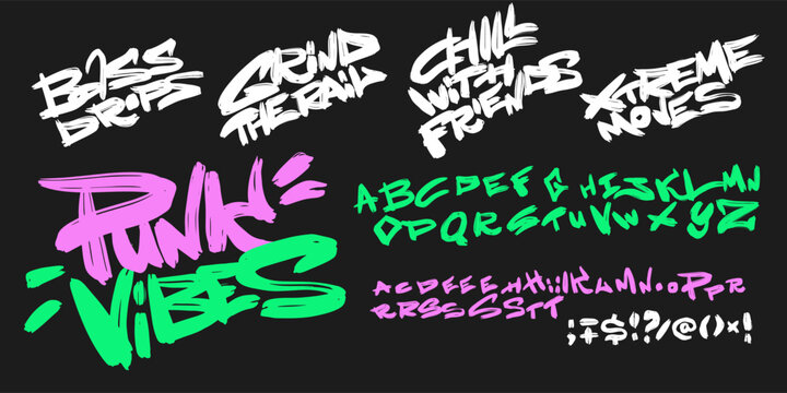 Youthful grungy brush font with skater quotes for t-shirt design, simple and cool typography design with modern style. Vector letters set