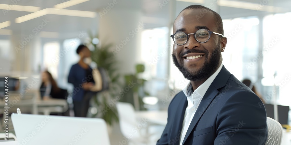 Poster cheerful businessman using a laptop in a shared workspace, engaging in email communication and prepa