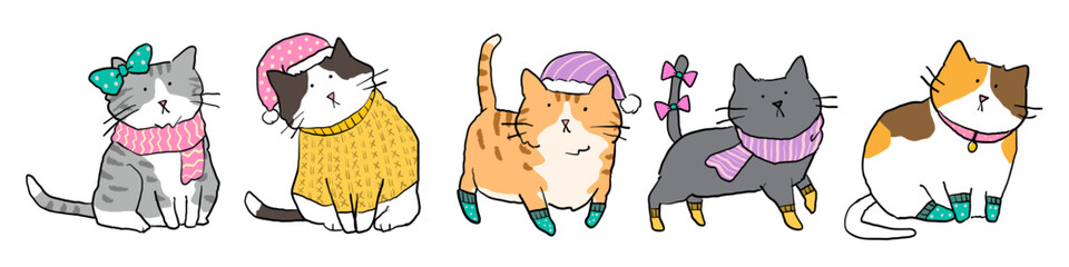 Vector Illustration of Cute Cartoon Cat Characters on Isolated Background