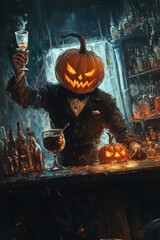 Naklejka premium A man in a Halloween costume is sitting at a bar with a glass of wine