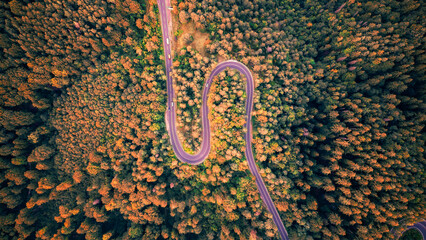 Aerial drone view of a winding mountain road in the Carpathians, cutting through dense forests and...