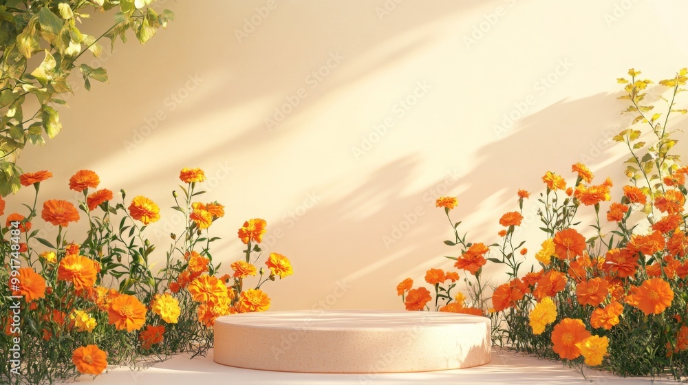 Poster bright orange flowers flourish around a circular platform in a serene garden. the space is warmly il