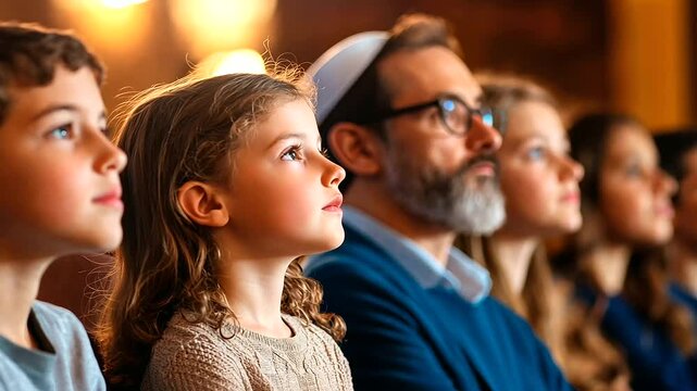 A group of children sitting with their parents during Shabbat services, observing quietly while the rabbi reads from the Torah. The scene highlights the importance of passing down