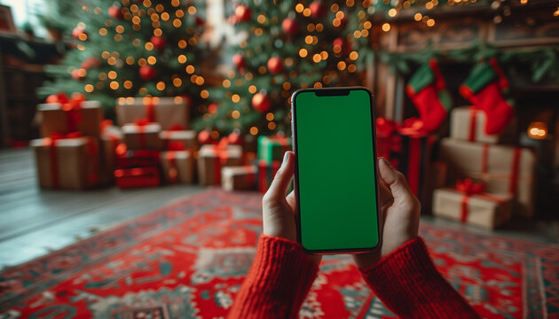 Mobile phone with green screen chromakey in hand against the background of Christmas interior with tree and gifts and lights - Powered by Adobe