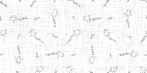 Seamless french taupe floral farmhouse linen printed fabric background. Light mottled grey cottage pattern. Shabby chic woven 2 tone cloth effect. Textile rustic organic ecru neutral all over print.