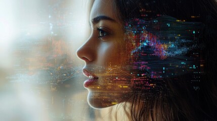 Close-up profile portrait of a person with digital technology overlay, depicting artificial intelligence and futuristic concepts