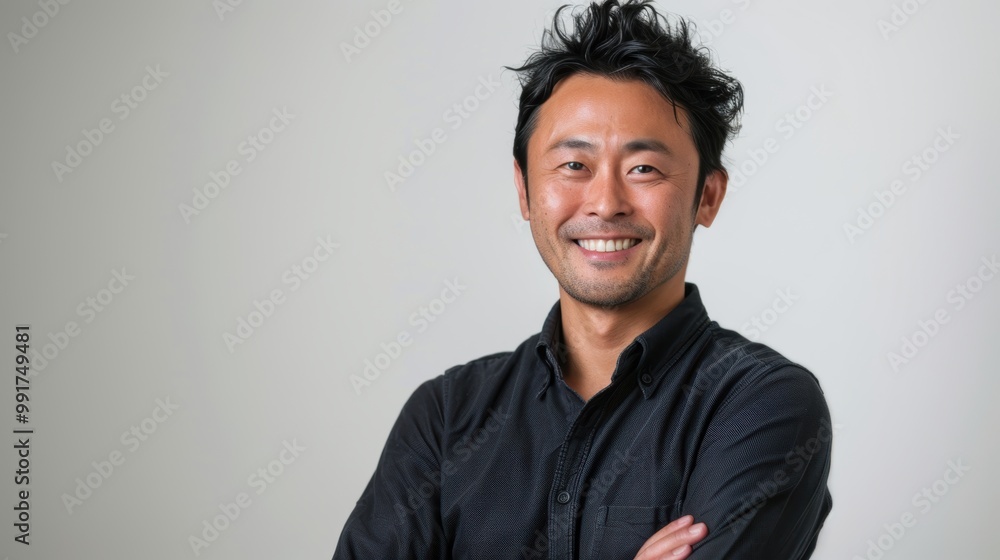 Wall mural confident man with a smile and arms crossed, wearing casual fashion against a white studio backdrop.