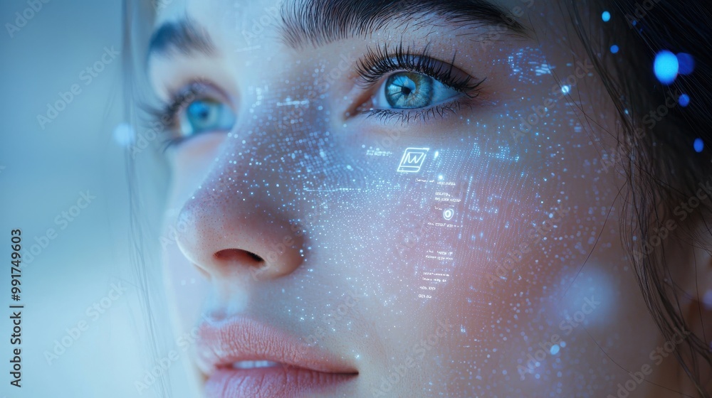 Aufkleber close-up portrait of a person with digital interface elements reflecting on face, symbolizing futuri