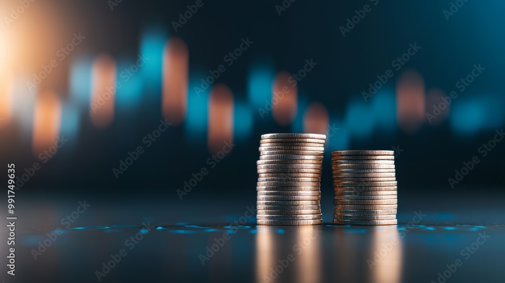 Poster stacks of coins with graph background in soft focus