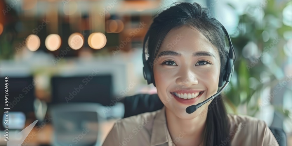 Poster customer service agent assisting with problem resolution at a desk, engaged in telemarketing and eff