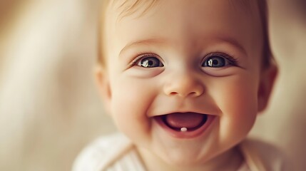 Close-up portrait of a happy baby girl with a tooth coming in.