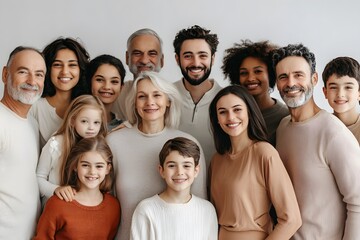 Smiling group of people of various ages and body types, cultural diversity, natural background