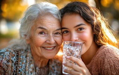 A tender moment shared between a grandmother and her granddaughter, their smiles reflecting the warmth of their bond, as the younger girl takes a refreshing drink on a sunny day.