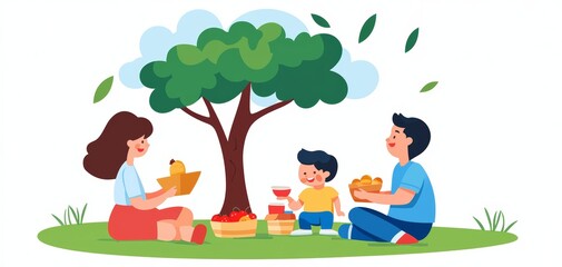 Naklejka premium A family enjoying a picnic under a tree with a beautiful view, symbolizing relaxation and happiness, Sunday family picnic, quality time
