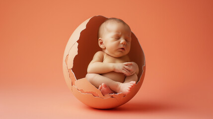 Baby in a egg shell standing on color background