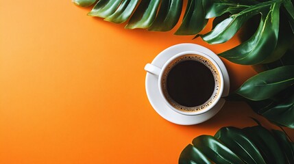 A cup of coffee with tropical leaves on an orange background.