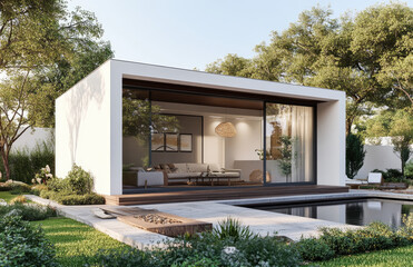 a modern, minimalistic small garden house with sliding doors made of black aluminum frames. The windows have thin frames, and the glass is clear.